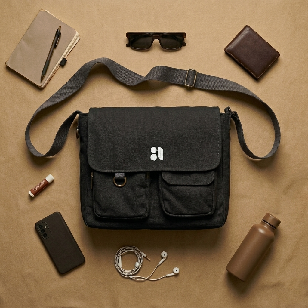 Double Pocket Messenger Bag (Black)