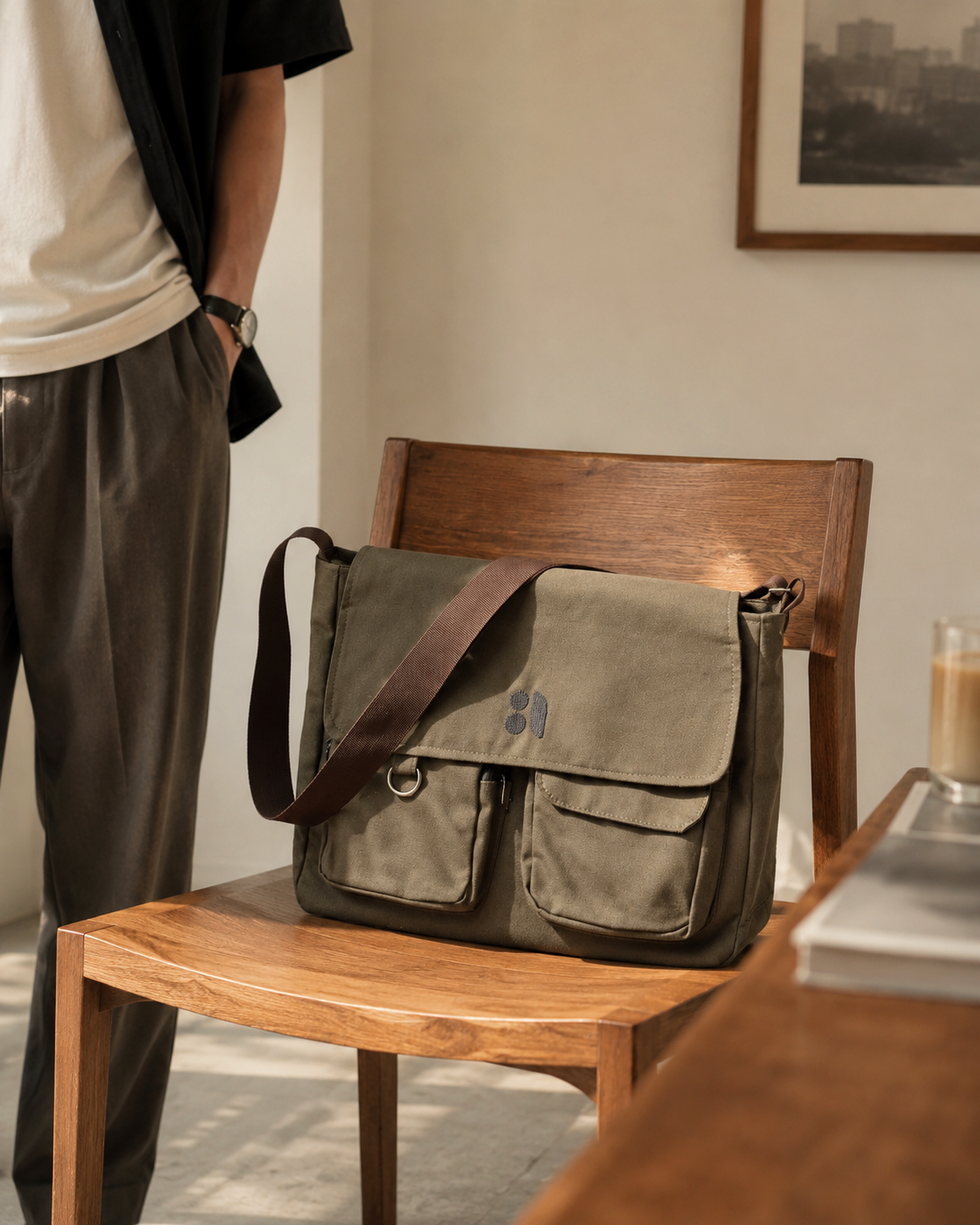 Double Pocket Messenger Bag (Dusty Olive)